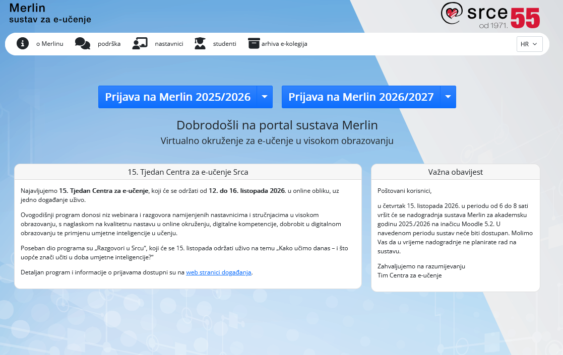 Početna stranica sustava Merlin s izborom akademske godine i prijavom u sustav